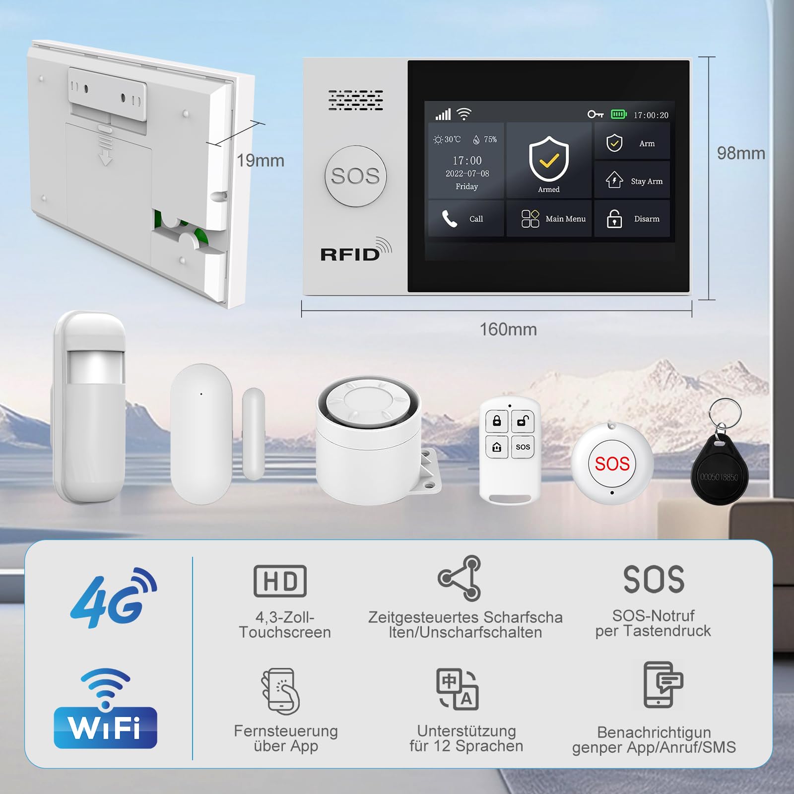Alarmanlage Haus WLAN + 4G ohne Monatsgebühr, 4,3" Touchscreen, App-Steuerung mit SMS & Batteriewarnung – Sicherheitssystem für Haus & Alarmanlage Wohnung, Alexa kompatibel (24-teiliges Set)