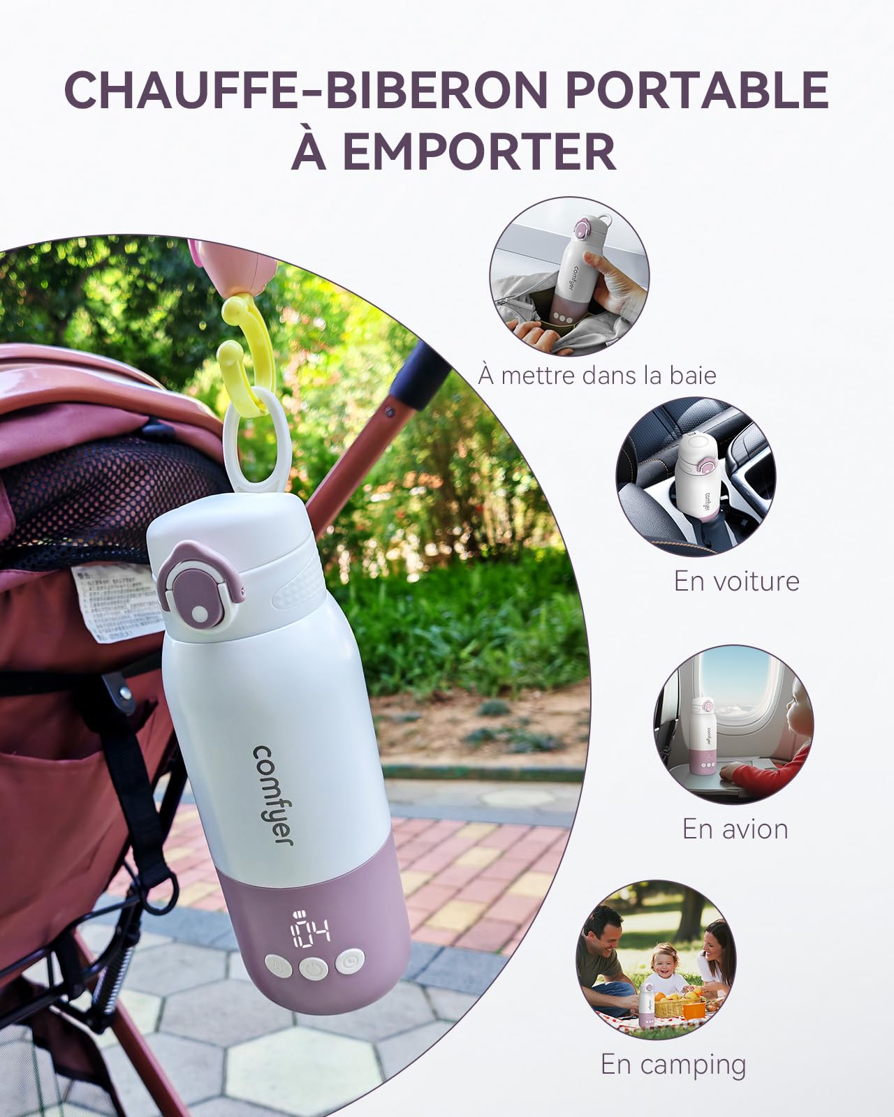 Comfyer BW01 Chauffe Biberon Nomade Portable sans Fil, Chauffage Rapide en 2 Mins pour Lait/Eau, Longue Autonomie 12000 mAh, Température Réglable, Capacité 340 ml, Idéal pour Voyage, Voiture & Avion