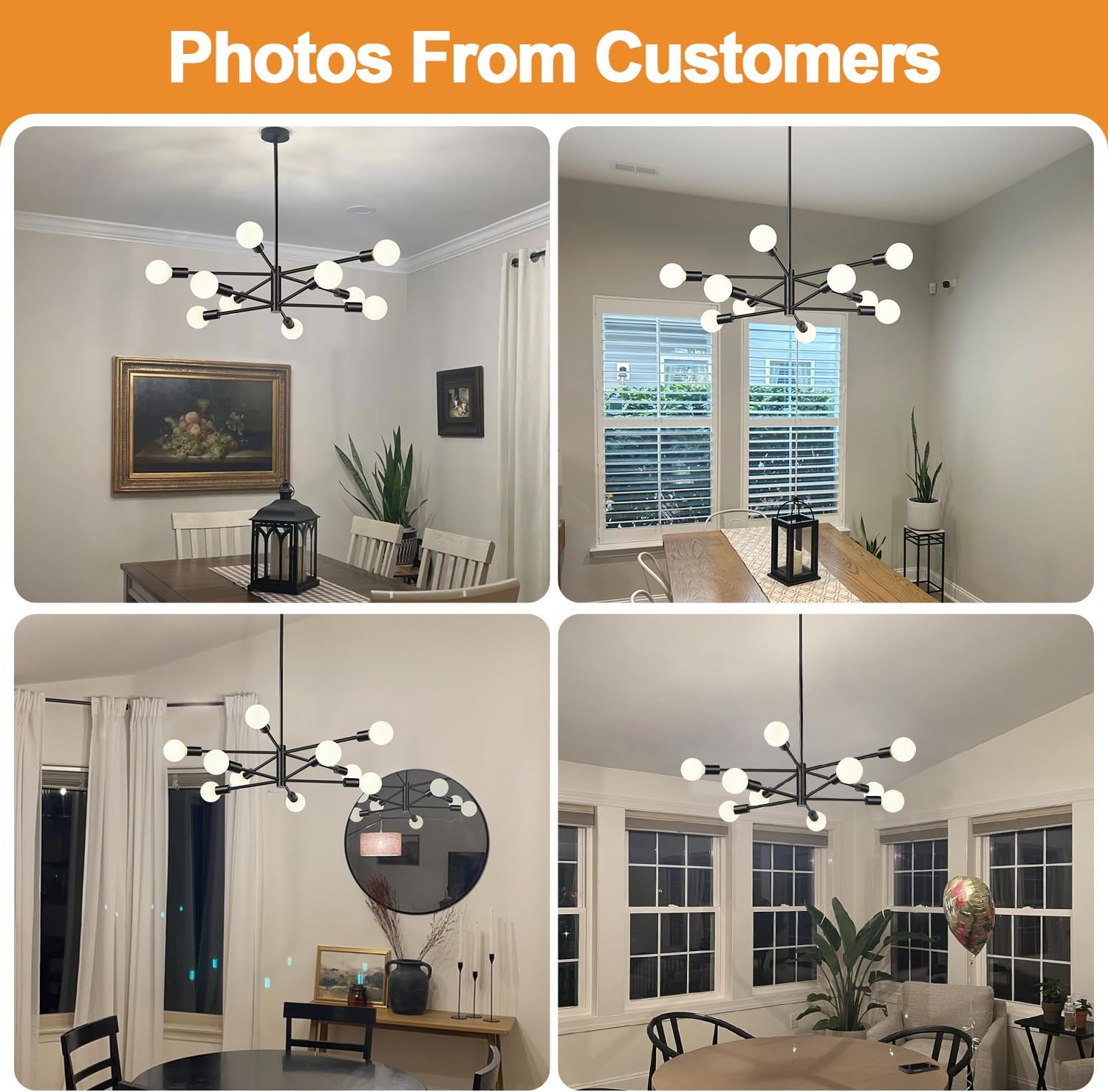MQMQA Sputnik Chandeliers Dining Room Light Fixture (10-Light, 32-Inch), Modern Black Chandelier, Height Adjustable Mid Century Modern Chandeliers for Dining Room Kitchen Island (Bulbs Not Included)