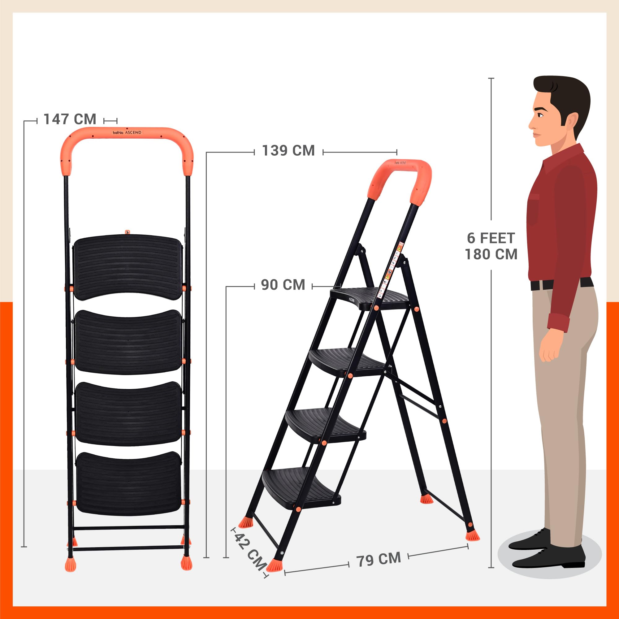 Bathla 4 Step Steel Ladder - Heavy Duty & Safe -4