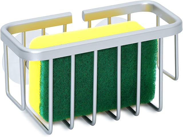 Sanduby Sink Caddy, Sponge Holder Aluminum Sink Organiser with Suction Cups Rust-Proof Sponge Rack Sponge Cradle Drainer Rack for Kitchen Sink and Bathroom Sink,Silver,6''*2.8''*3.3''