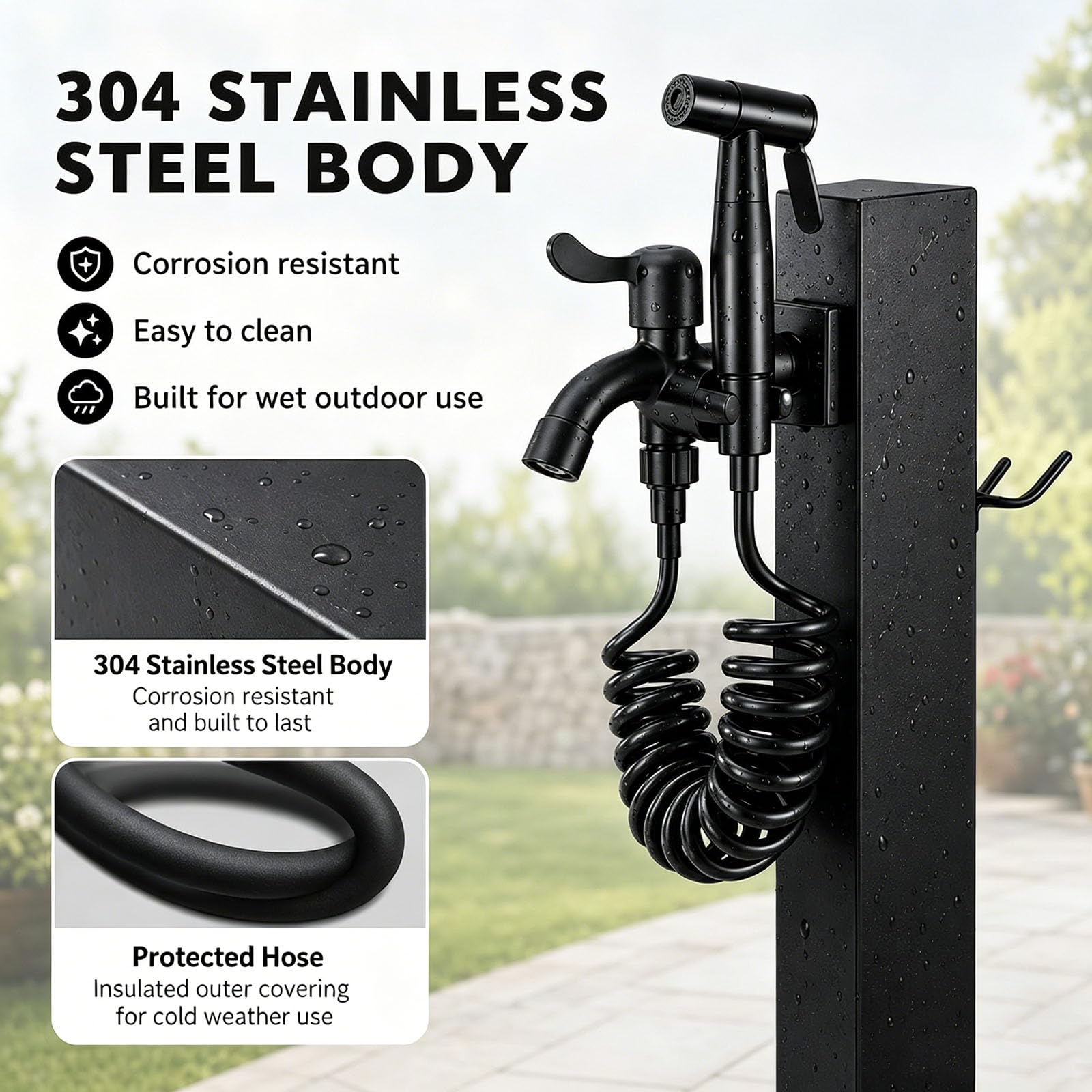 Grifo De Jardín Con Columna, Columna De Agua Exterior De Acero Inoxidable 304 Con Grifo De Latón, Tubo Interior Ppr Aislado, Poste De Agua Para Jardín, Terraza, Patio, Césped Y Parque, Negro