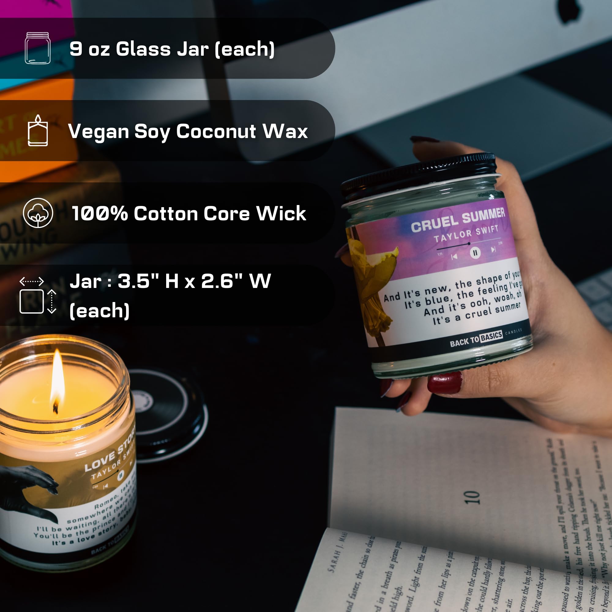 Back to Basics Taylor - Juego de velas prémium – 3 velas aromáticas veganas de cera de coco de soja para decoración del hogar, regalos de cumpleaños para mujeres, mejores amigos, hombres, aromaterapia