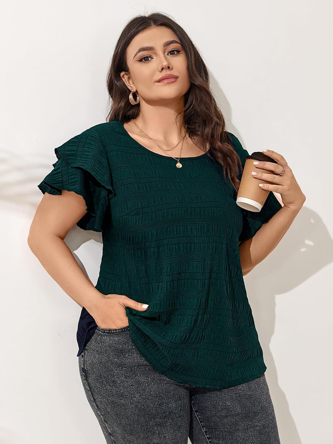 SCOMCHIC Womens Plus Size Textured Tops Summer Ruffle Short Sleeve Casual T Shirts Crewneck Loose Fit Tee Blouse Shirts - Image 3