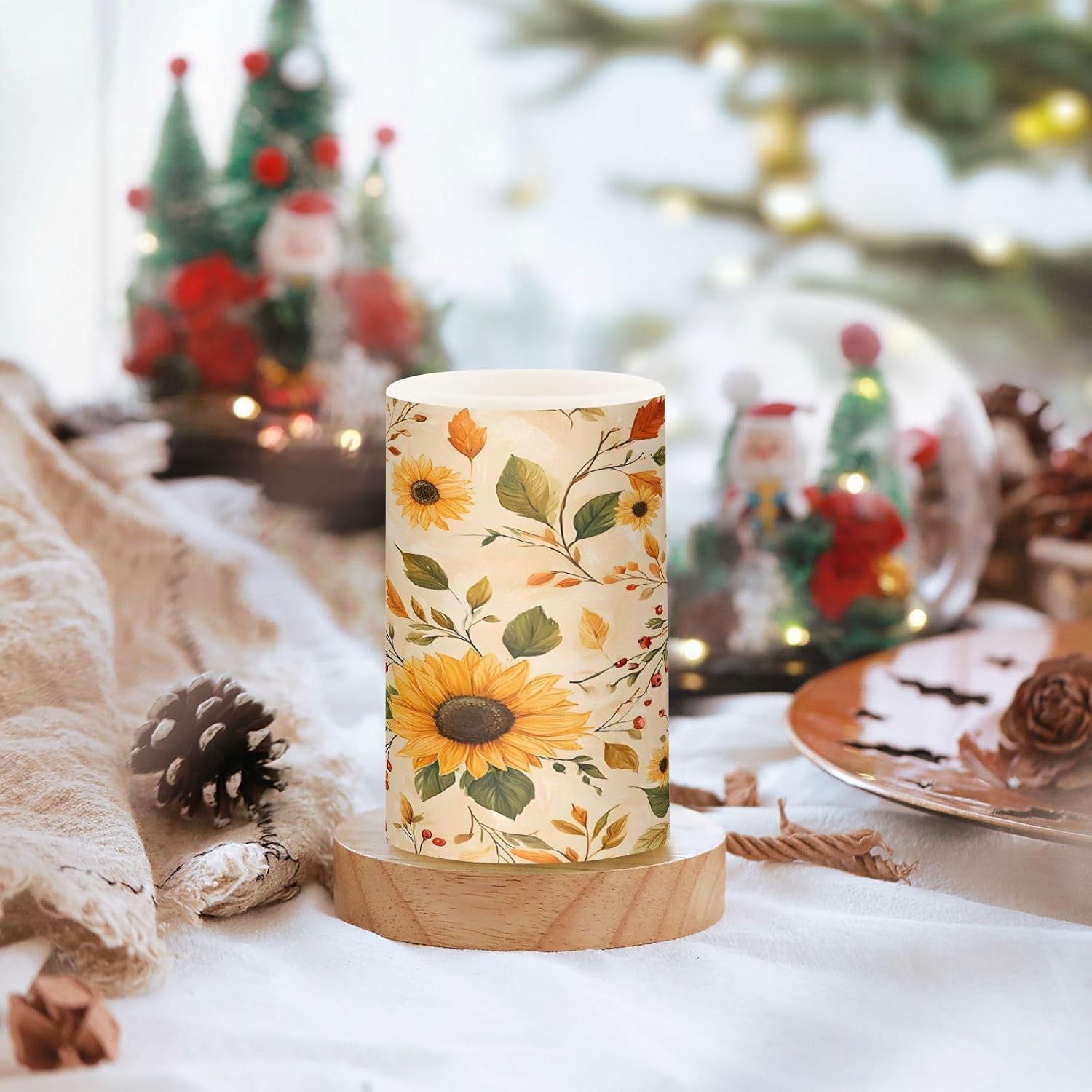 Autumn Fall Watercolor Sunflower Pattern Flickering Flameless Candles Battery Operated with Remote Timer,Tea Light Candles LED Pillar Votive Candles Set of 2 for Outdoor Indoor Decorations
