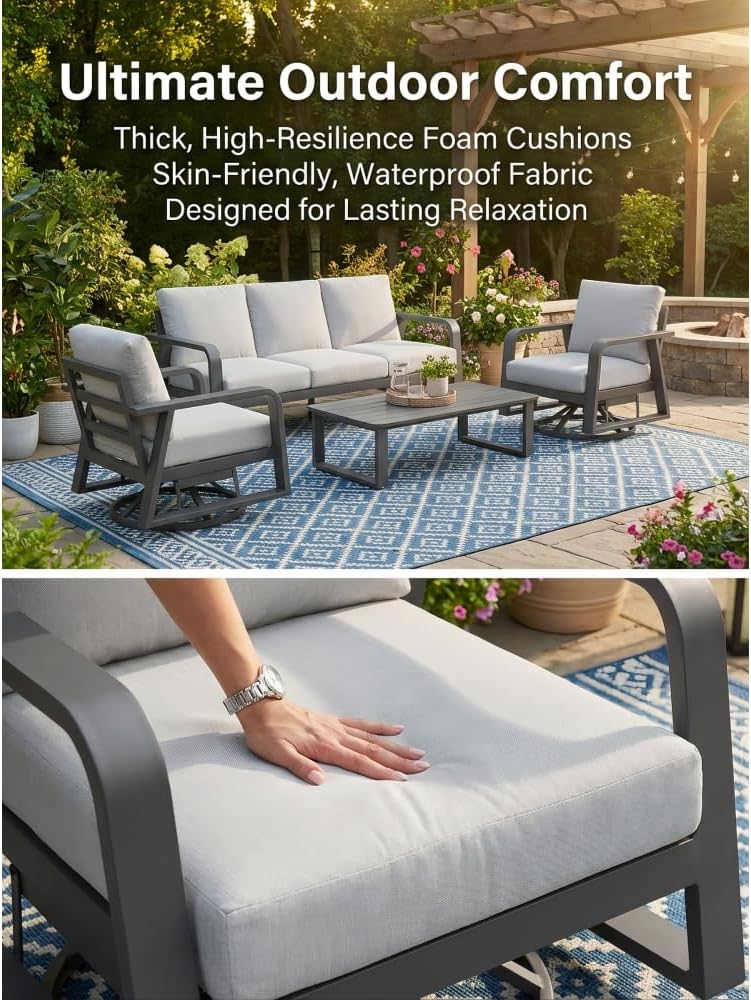 Aluminum Patio Set with 3-Seater Sofa, Two Swivel Rocking Chairs, and Coffee Table, All-Weather Outdoor Furniture with Memory Foam Cushions for Patio, Deck, Garden, or Porch