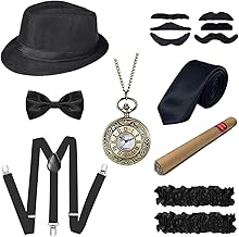Men's Costume 20s Gatsby Accessory Kit 14 Pieces Accessory Year 20 Fake Mustache, Hat, Watch, Elastic Straps, Butterfly Bow, Tie for Halloween Carnival