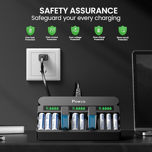 Miniatura 6 de POWXS Cargador de batería recargable AA AAA de 9 V con 1800 mA de alta velocidad, cargador de batería independiente de 12 bahías para baterías