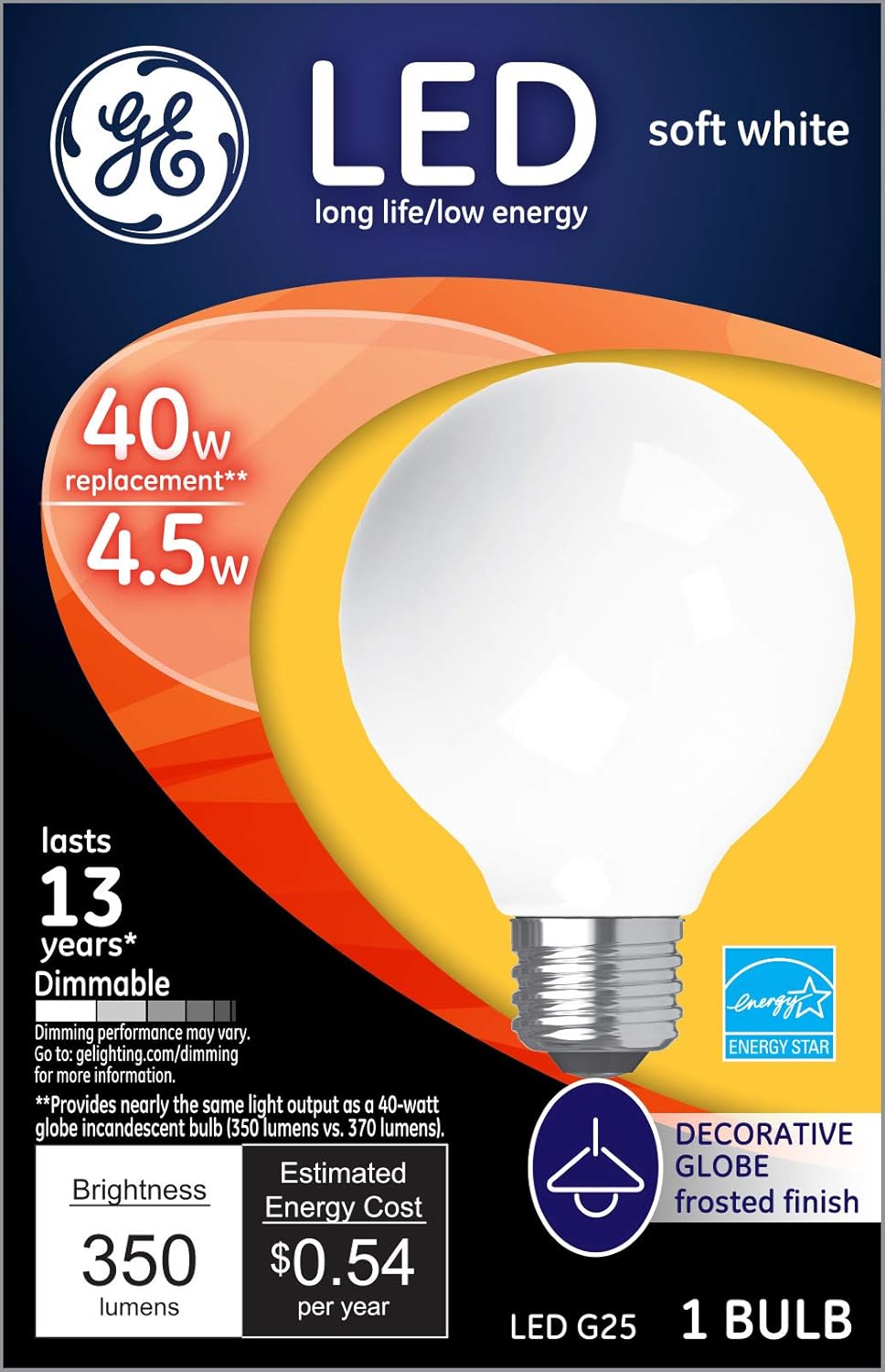GE Dimmable LED Light Bulb, Frosted Decorative G25 Globe Light Bulb, 4.5-Watt (40-Watt Replacement) 350-Lumen, Soft White, Medium Light Bulb Base, 1 Pack LED Bulbs