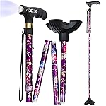 Hedkin Walking Cane with LED Light, Foldable,Adjustable, Self Standing Walking Canes for Men & Women,Walking Sticks with Quad Base for Seniors & Adults