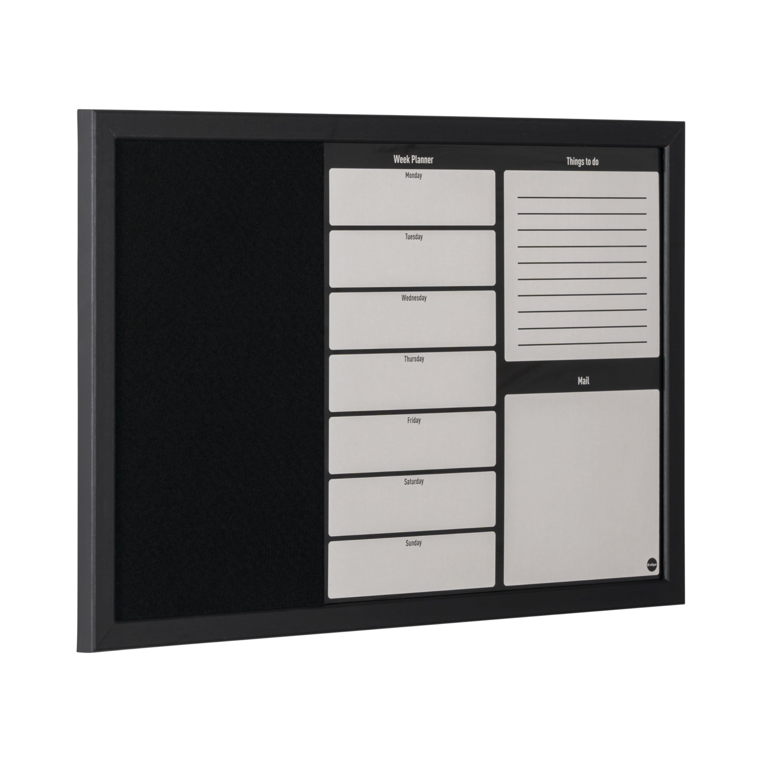 Bi-Office - Organizador Semanal Combinado, 60 x 40 cm, Pizarra de Planificación Semanal Magnetica Plateada y Tablón de Anúncios de Fieltro Negro con Marco MDF Negro