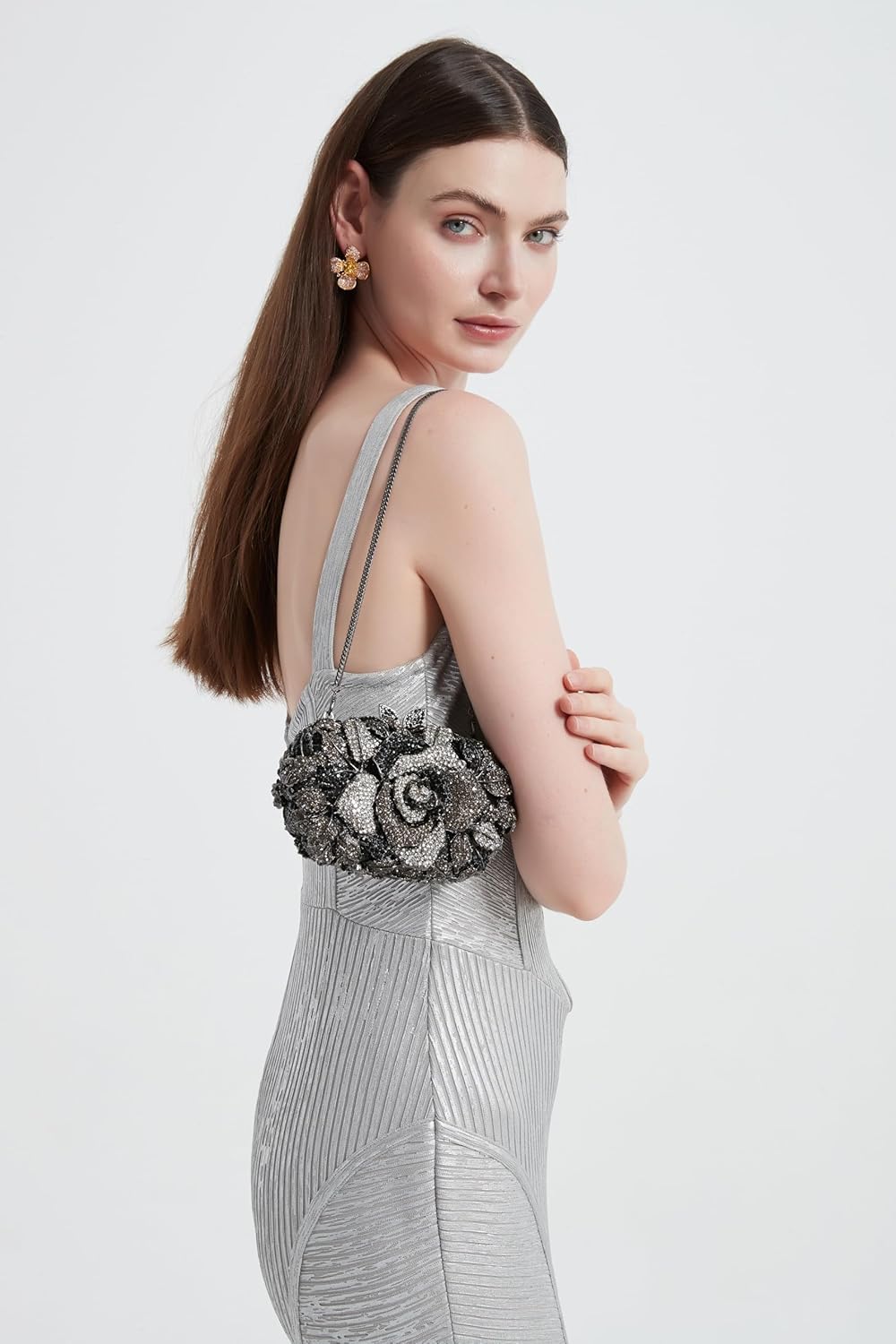 Rose Flower Crystal Purses Sparkly Rhinestone Evening Clutch for Women Wedding Party Cocktail Handbags - Image 3