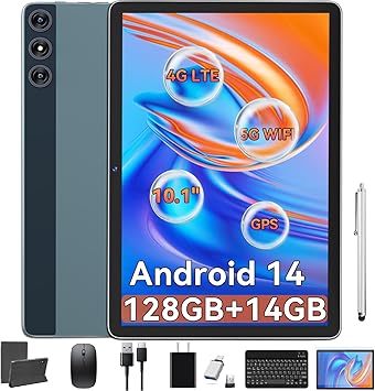 10Inch Android 14 Tablet,4G Cellular Tablet,128GB ROM 14GB RAM,Octa-Core,5G WiFi,4G LTE,13MP+8MP Dual Camera,GPS,1TB Expand,1920*1200 FHD IPS Display,8000mAh,Bluetooth,Android Tablet with Keyboard