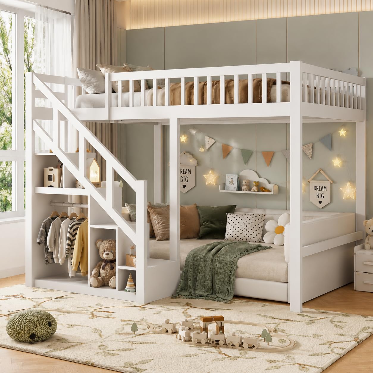Letto a castello 140x200 cm, letto a soppalco con scala e armadietto, letto a castello con rete a doghe e protezione anticaduta, letto per bambini in legno massiccio di pino, senza materasso