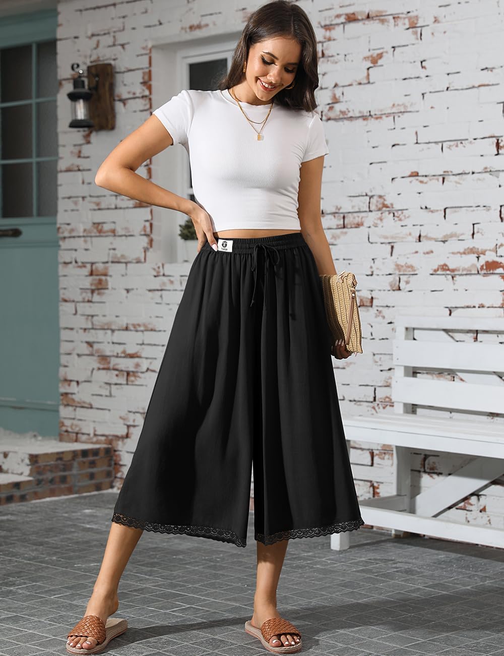 TARSE Women's Linen Culottes Wide Leg Flowy Capri Pants Palazzo Casual Drawstring Summer Loose Lace Capris with Pockets - Image 4