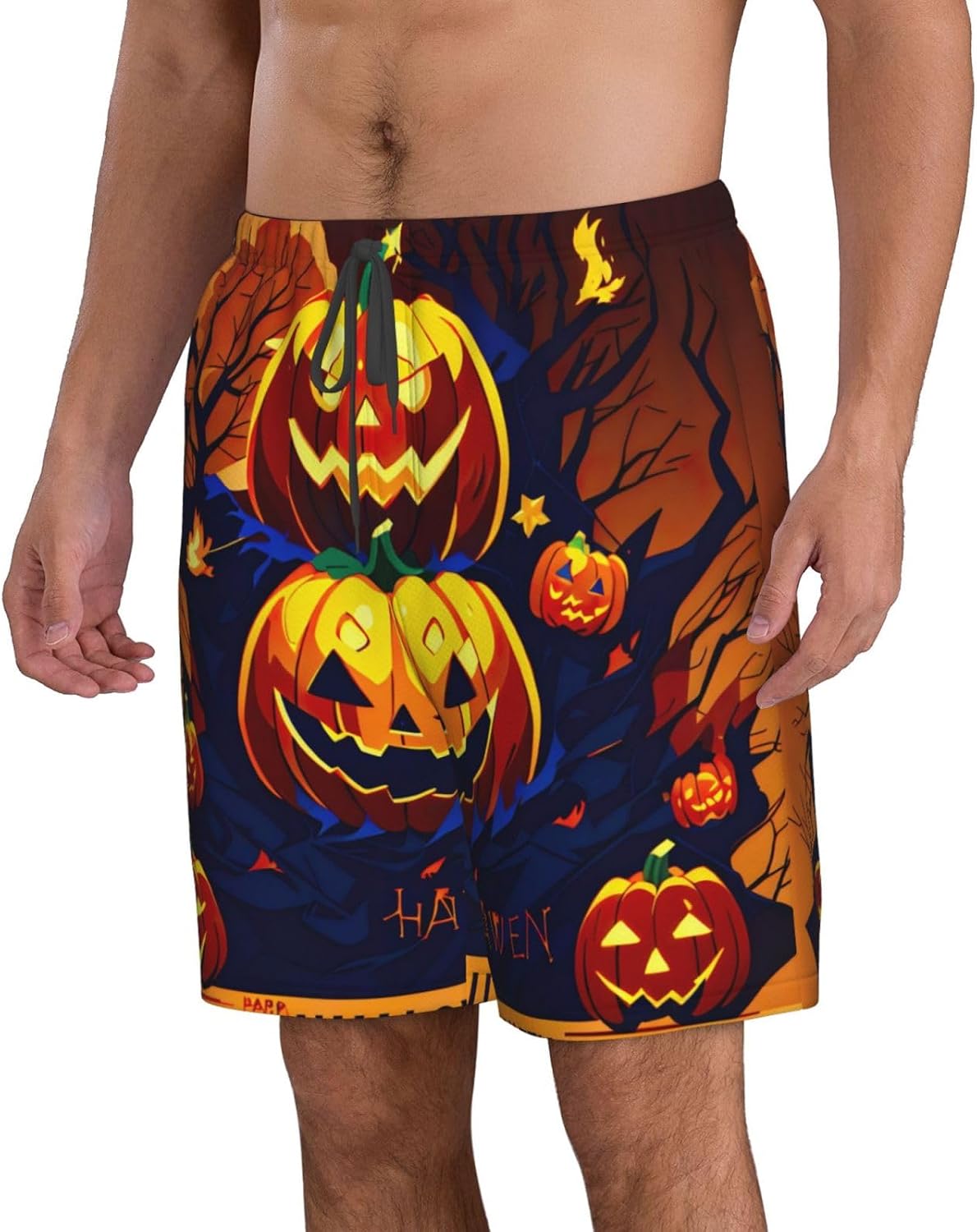 Mens Halloween Pumpkin Print Beach Shorts,Casual Summer Shorts for Men,Quick Dry Polyester