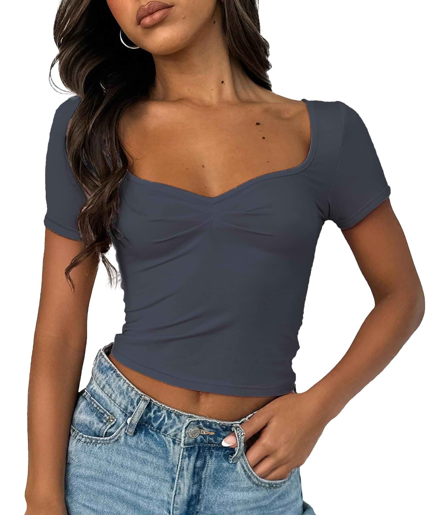 ForeFair Women's Sexy Short Sleeve Going Out Tops Pleated Bustier Shirt Cute Sweetheart Neck Y2K Crop Tee Solid · Regular
