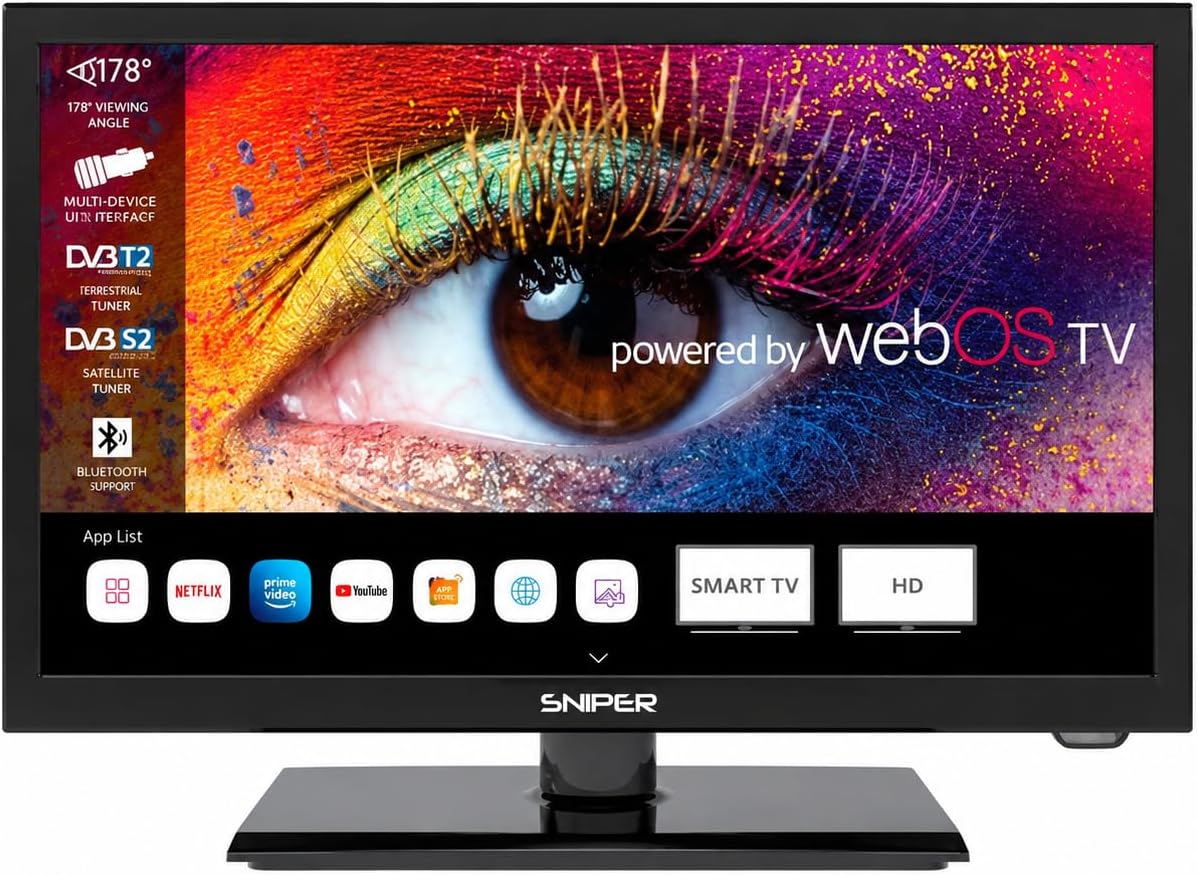 Sniper 22โณ SMART LED Camping TV โ webOS โ Bluetooth 5.0, Wifi, Freeview Tuner, Satellite Tuner, Streaming & Catchup, 3 x HDMI, 2 x USB, Multimedia player, HD