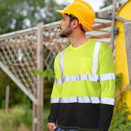 Miniatura 7 de Zhanmai Paquete de 6 camisas de alta visibilidad clase 3 reflectantes de seguridad Hi Vis camisa de manga larga que absorbe la humedad con bolsillo
