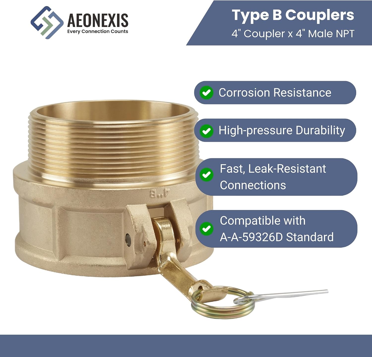 4" Camlock Fittings Type B - Heavy-Duty Forged Brass ASTM C38000, Cam Lock Corrosion-Resistant Coupler & Male NPT for Water/Oil Flow Systems