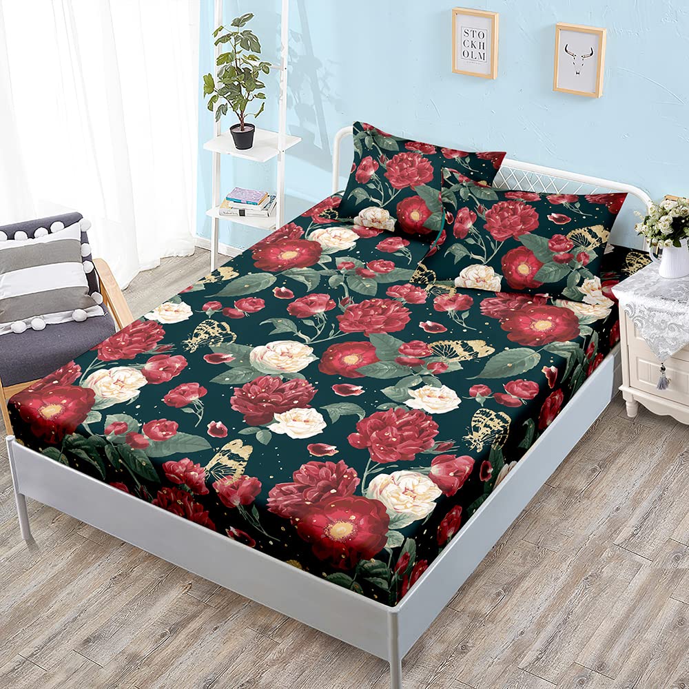 Drap Housse Microfibre 200x200 Cm - Motif Fleurs Bleues Et Blanches, Élastique 360°, Pour Matelas Jusqu'à 30 Cm