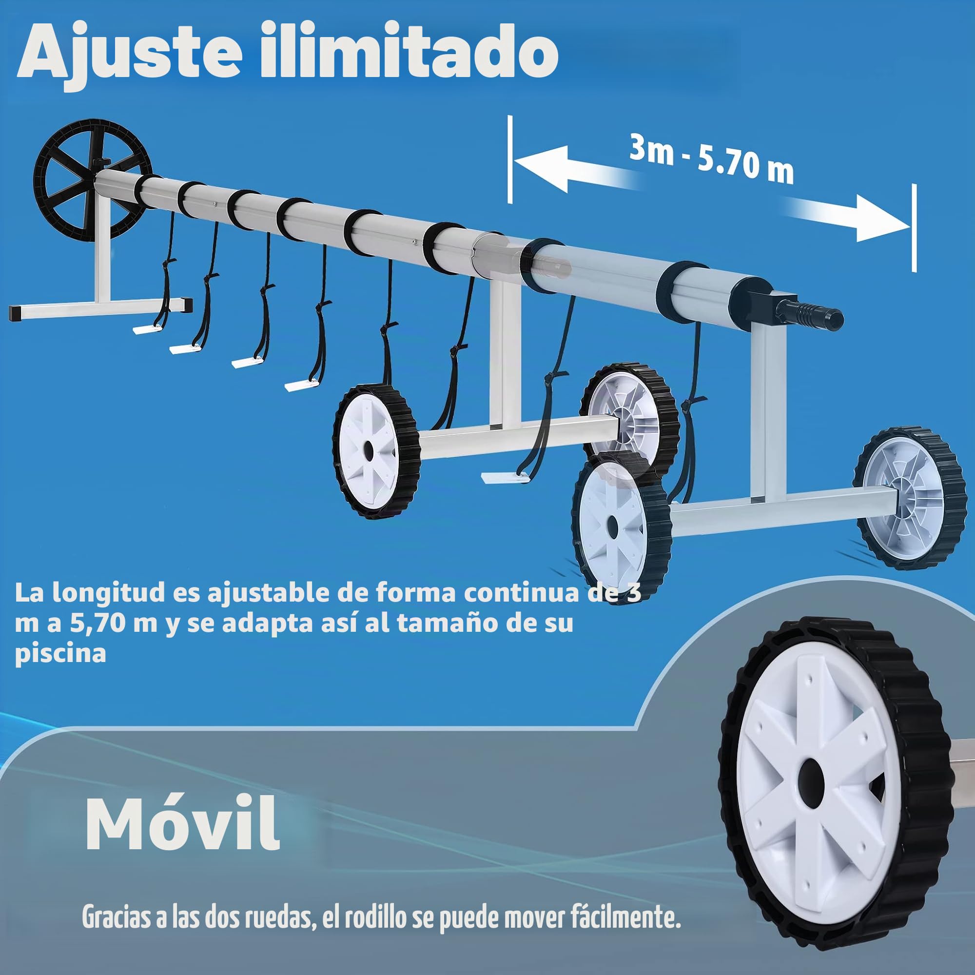 Sistema de enrollado para piscina, accesorios para lonas de piscina, lona solar, incluye cintas y ruedas, 3-5,7 m