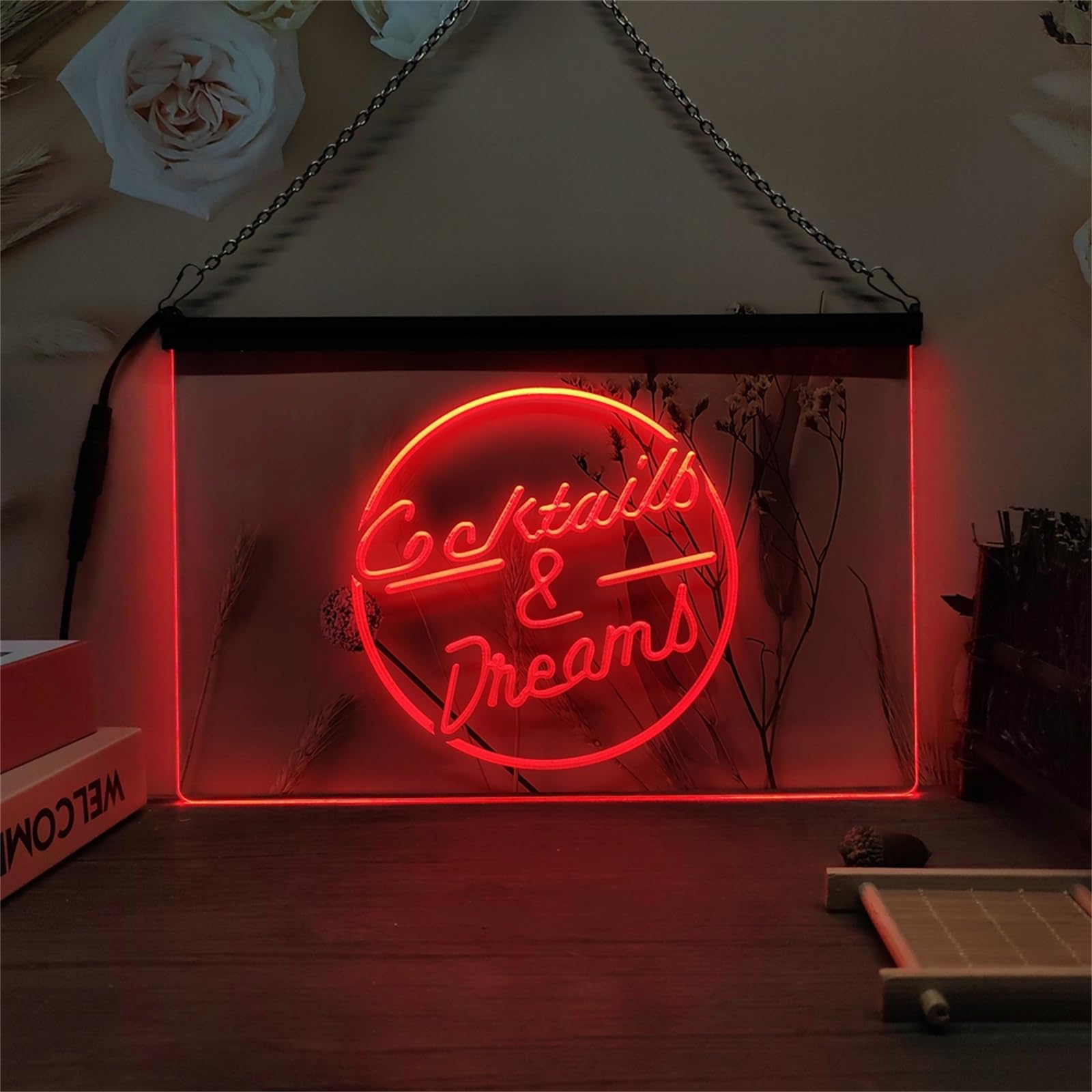 KEYQEEN Cocktails & Dreams LED Neon Sign, 3D Carving Neon Lights for Cocktails Bar Party Club Wall Decor USB Luminous Signs,Red,60x40cm