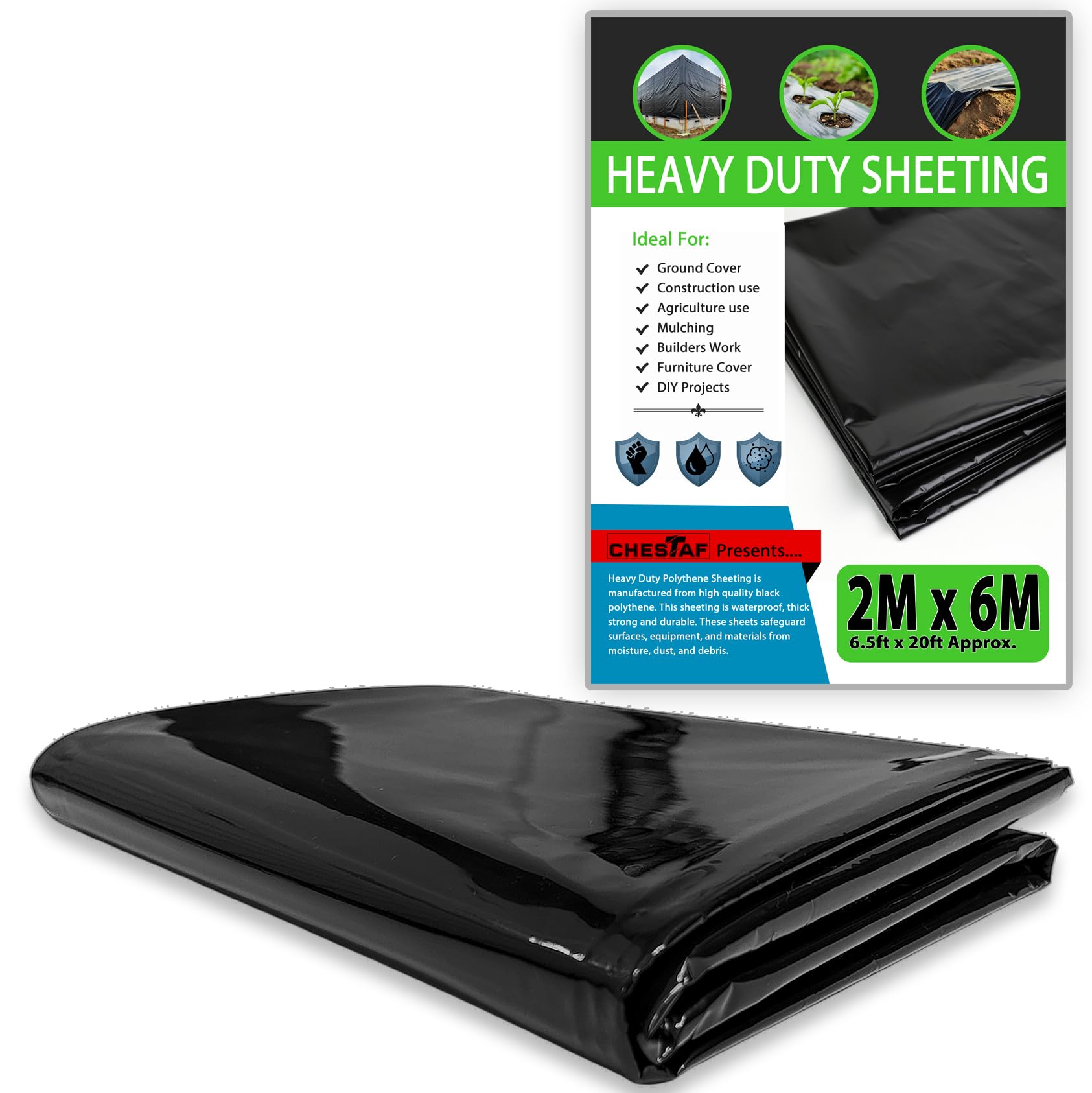 CHESTAF 2M X 6M Black Plastic Sheeting Heavy Duty, 1100G Thick Polythene Sheeting Garden Grow