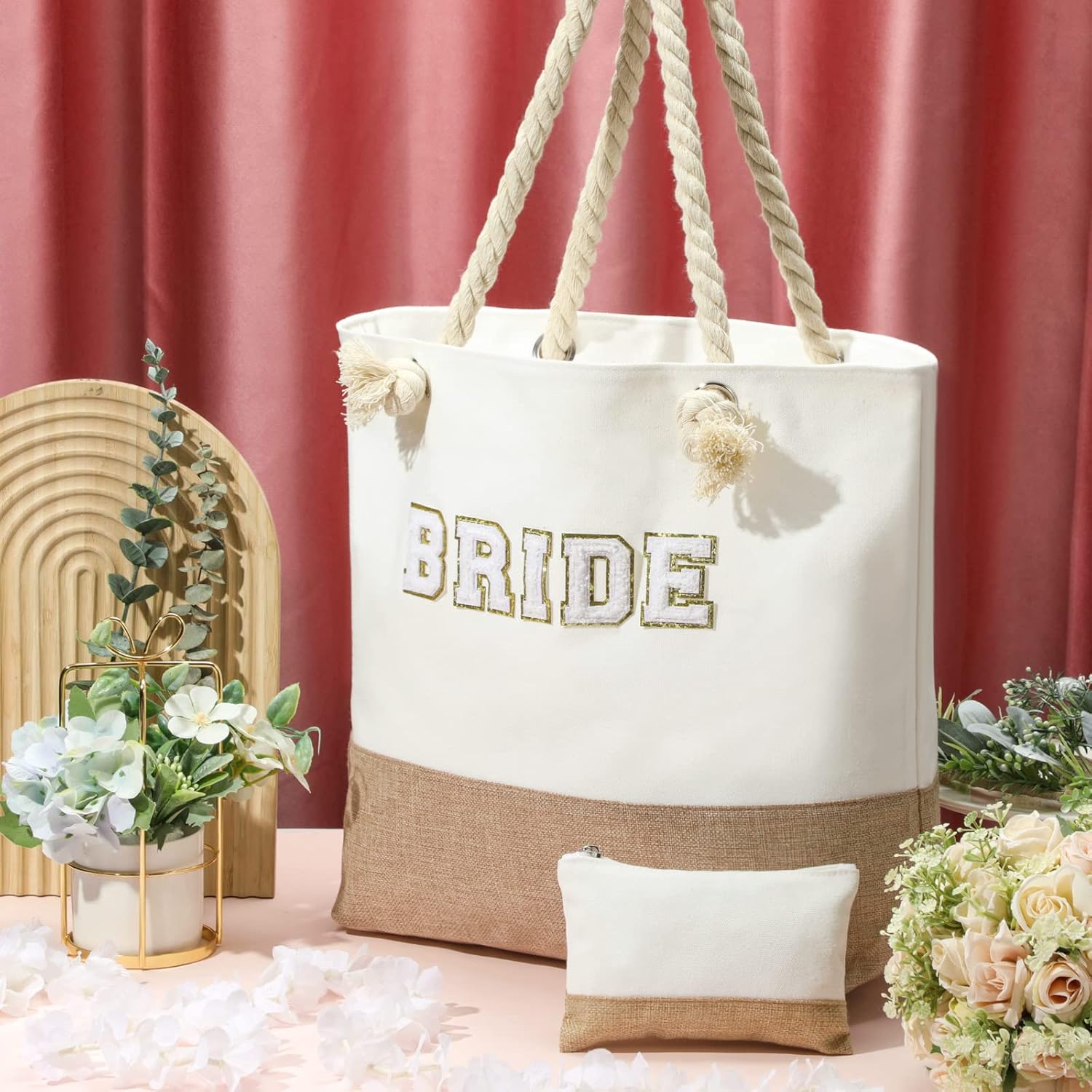 Sweetude Wedding Bride Bag Natural Jute Bride Tote Gift Bag with Handles Beach Pouch with Zipper for Engagement, Honeymoon, Beach Bridesmaid Party Bridal Shower Newlyweds Present - Image 7