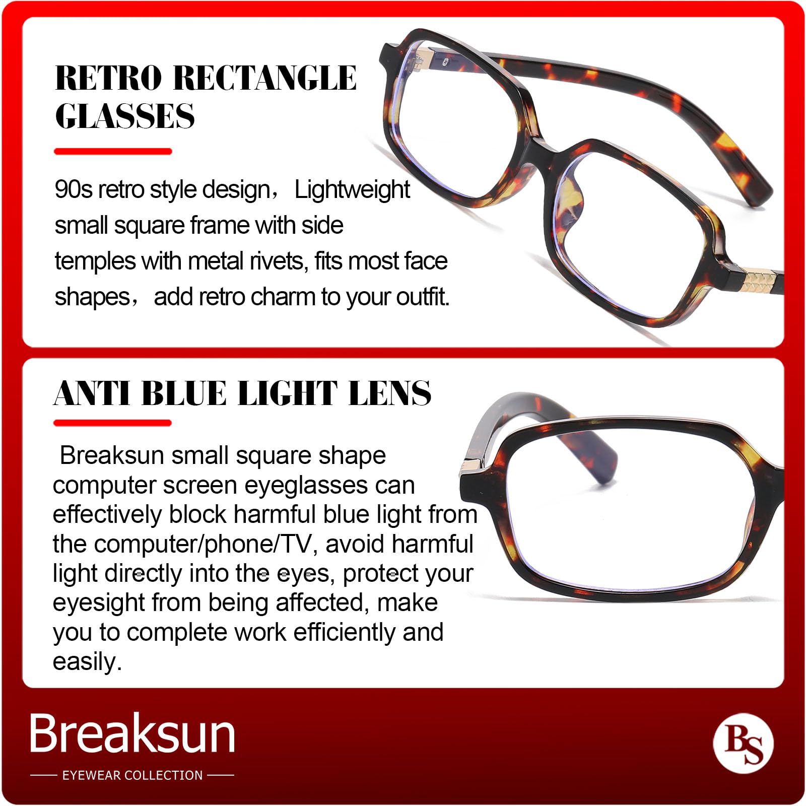 Breaksun Occhiali rettangolari retrò donna uomo occhiali quadrati piccoli blocco luce blu lenti vintage tartaruga marrone MM