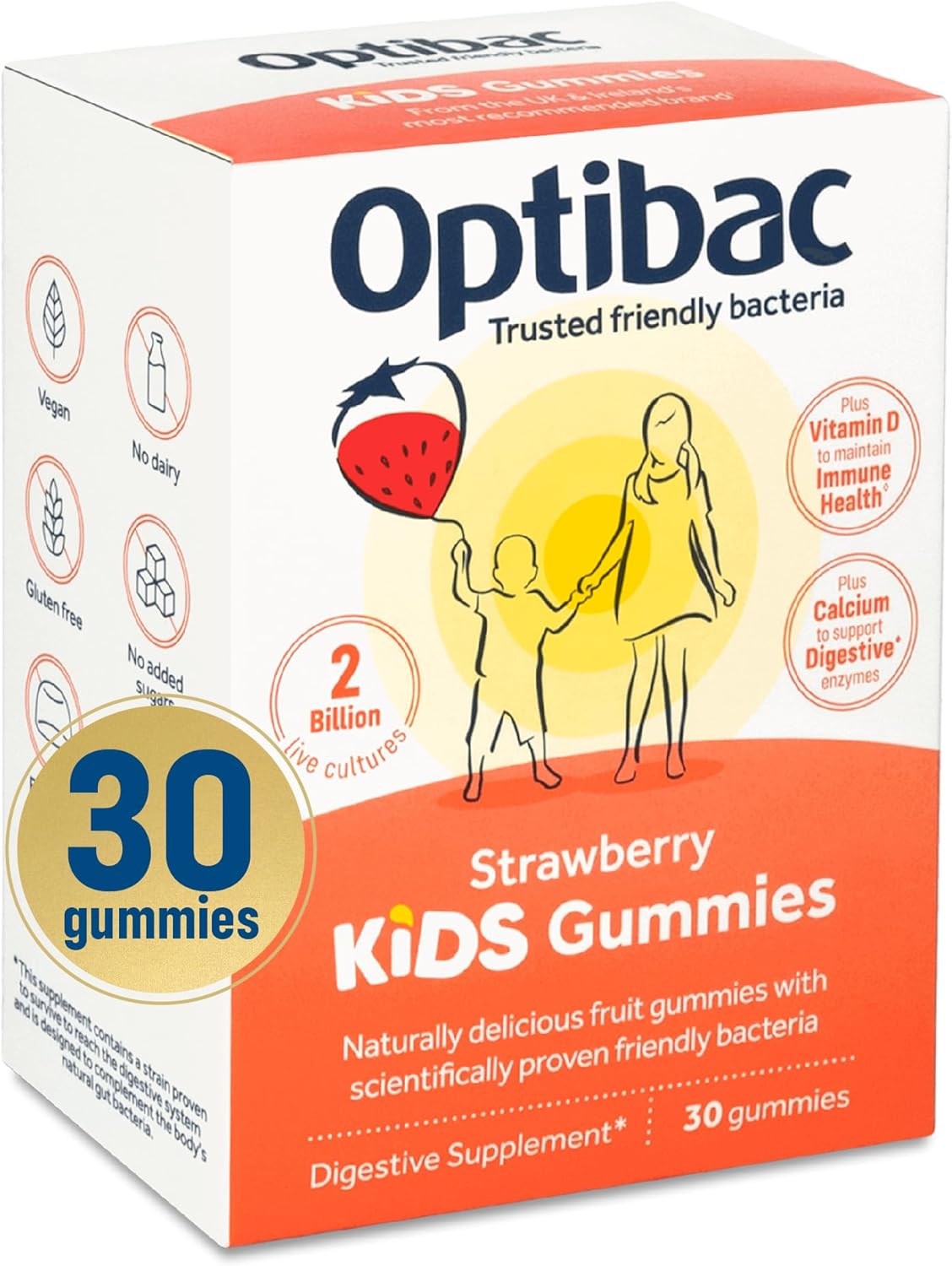 Optibac Kids Probiotics Gummies | 30 Strawberry-Flavored Probiotic Gummies for Kids with Vitamin D & Calcium | 2 Billion Live Cultures | Vegan Children’s Supplement for Digestive & Immune Health
