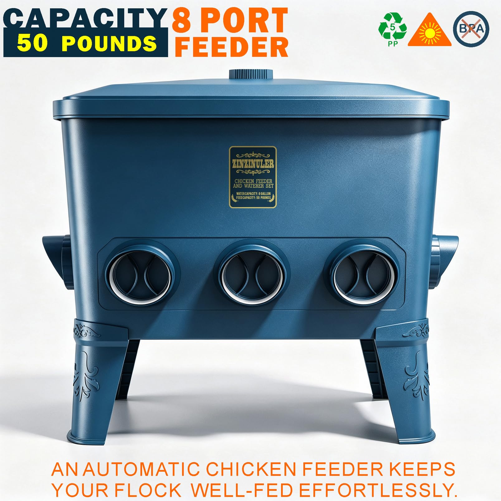 ZINZINULER Juego de comedero automático grande para pollos y bebedero de tazas, accesorios para gallineros, comedero para aves de corral sin residuos, 9 galones/50 libras (cian)
