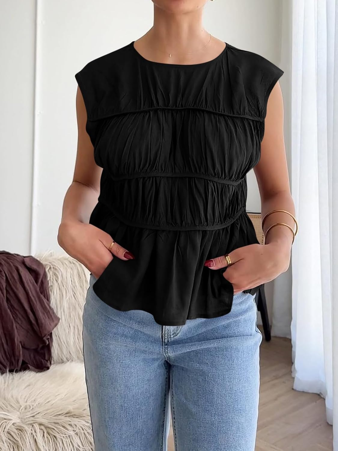 Cicy Bell Womens Cap Sleeve Peplum Tank Tops Summer Babydoll Smocked Cotton Shirts Casual Crew Neck Pleated Blouse - Image 5