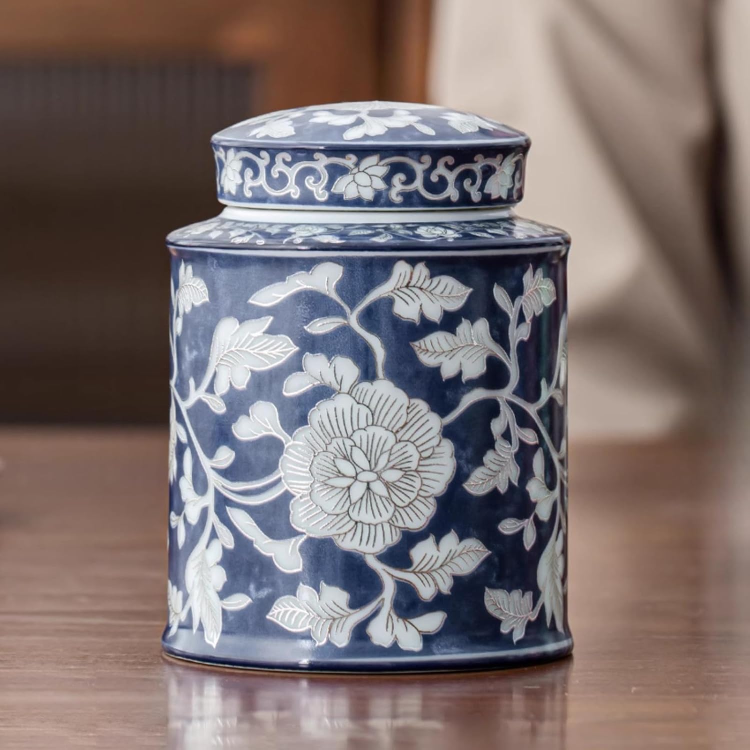 Chinese Style Blue and White Porcelain Lotus Tea Canister, 850ml 28.9oz, Ceramics Sealed Cans Sealed Storage Tank Tea Storage Jar