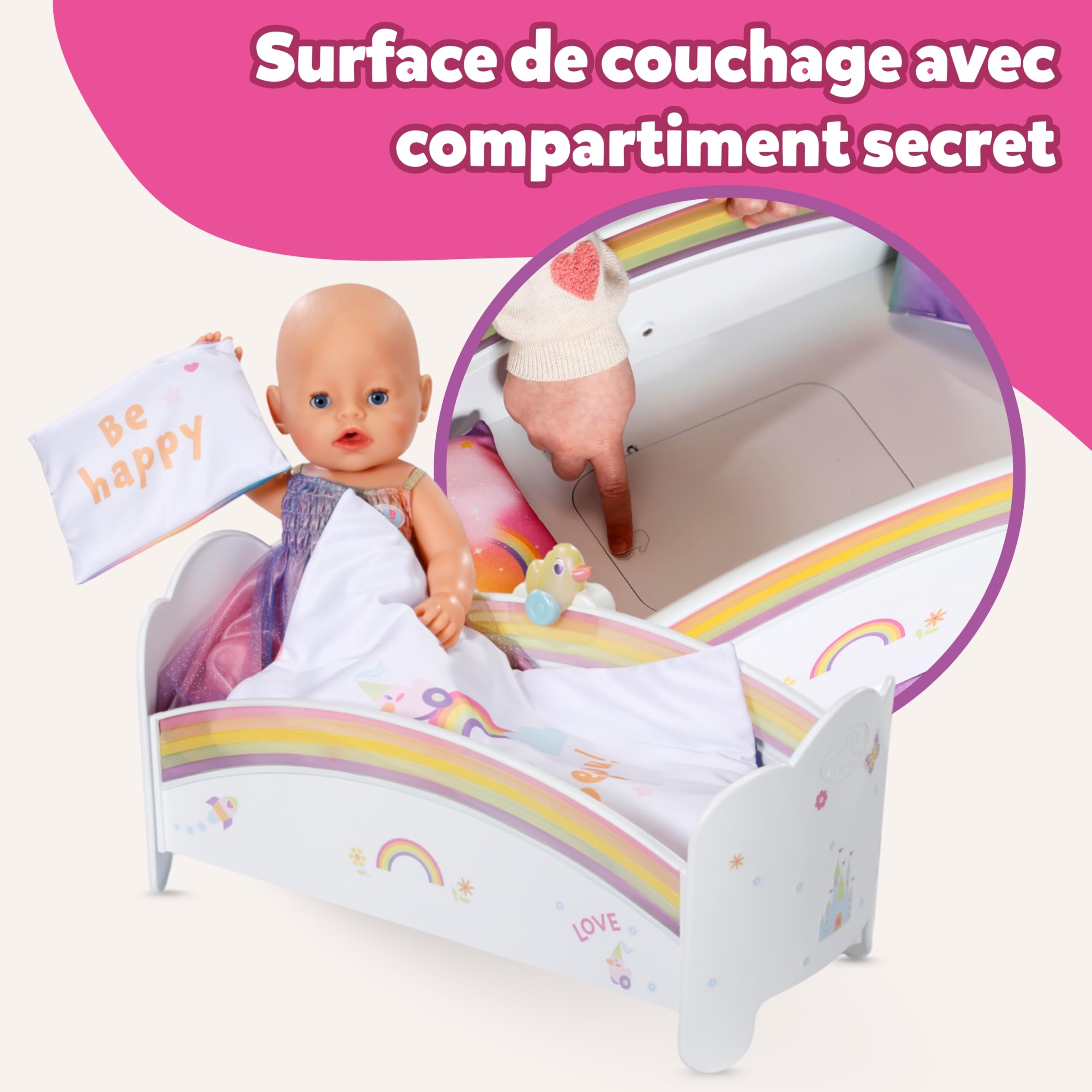 BABY born Lit Arc-en-Ciel - Lit de poupée avec lumière Arc-en-Ciel & mélodie pour s'endormir - Accessoires pour poupées avec literie réversible & Autocollants - pour Enfants à partir de 3 Ans
