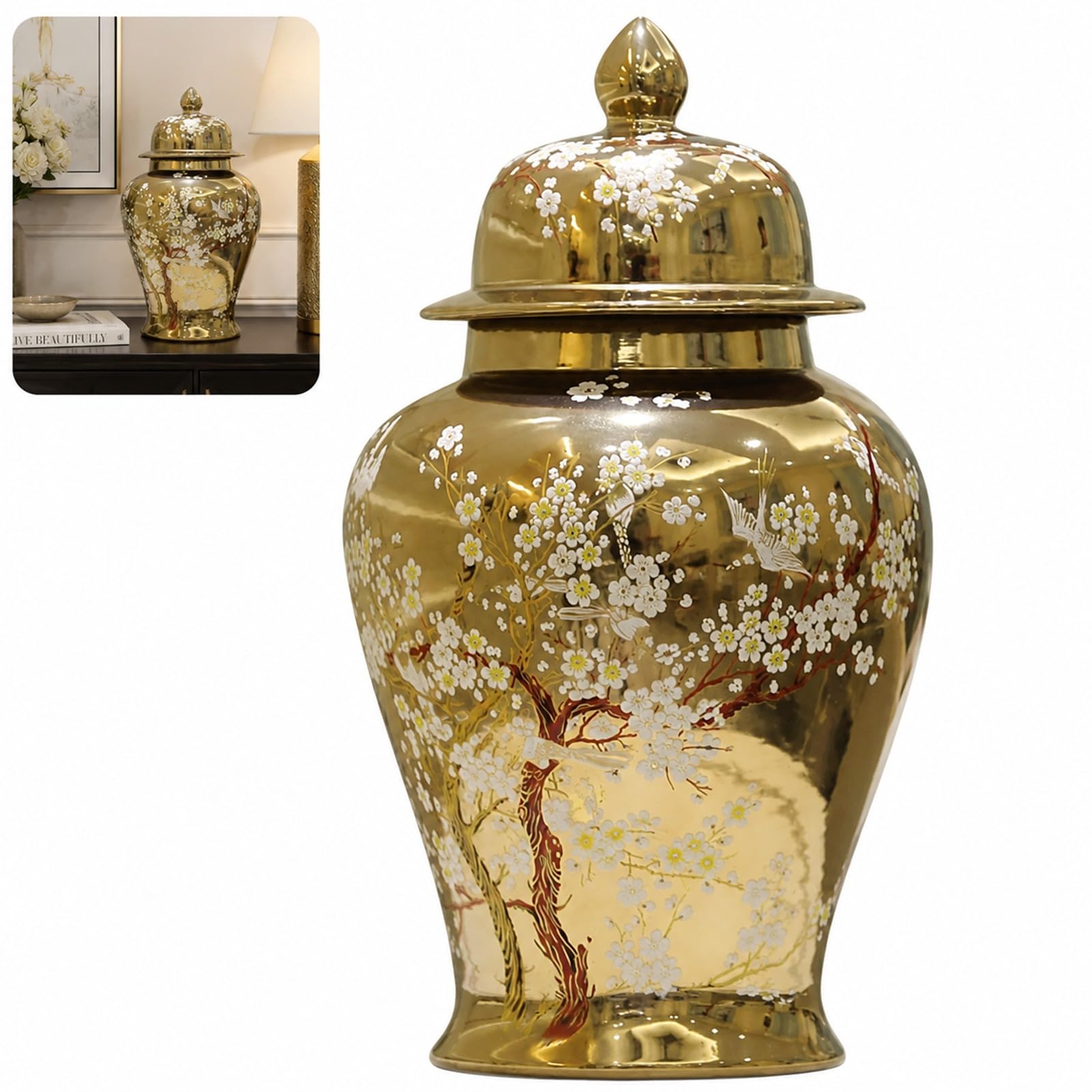 Ceramics Gold Ginger Jar With Lid Flower Arrangement Ceramic Ginger Vase, Decorative Porcelain Temple Jars (gold,20 * 38cm)