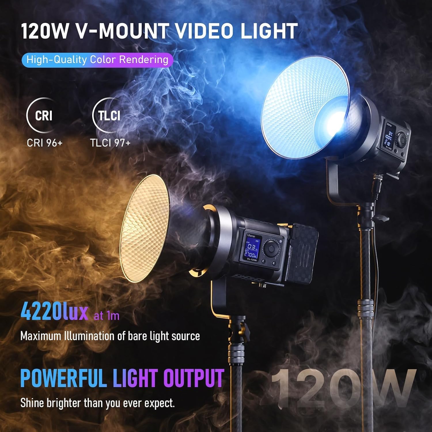 ULANZI V-Mount LED Video Light COB Continuous Output Lighting, 120W Bi Color 2700K-6500K COB Bowens Mount Photography Fill Light 20700lux/1m 20 Preset Effects with APP Control Studio Light