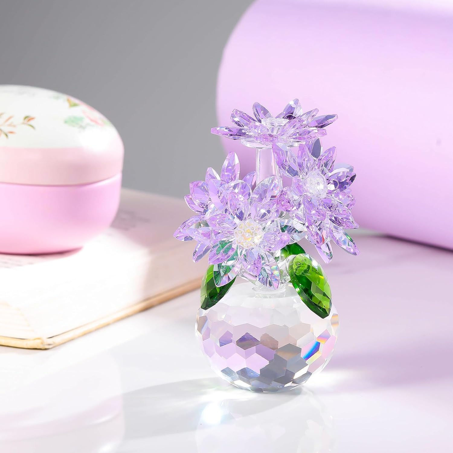 Enjinkail Handmade Crystal Daisy Figurine - Purple Glass Flowers Gifts for Women, Elegant Home Decor & Table Centerpiece - Image 2