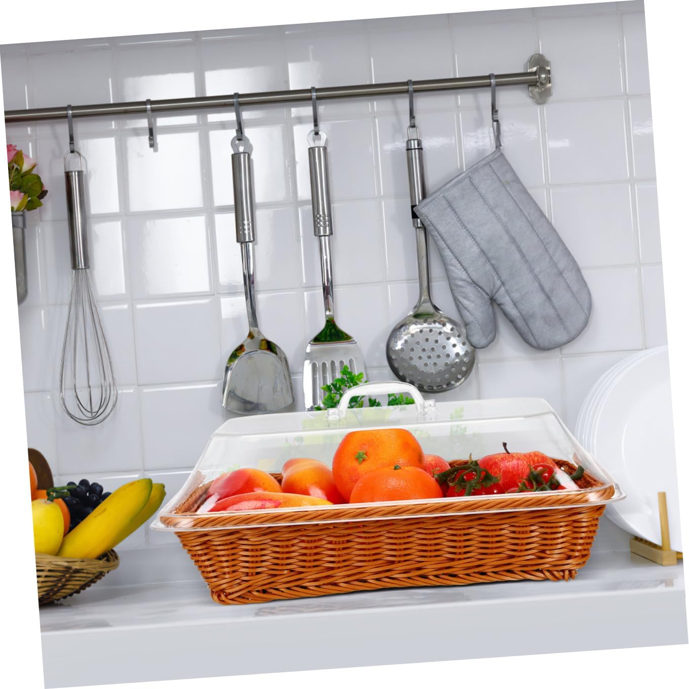 MAGICLULU Simulated Rattan Bread Basket with Lid 35x25x15cm Brown Square Imitation Woven Serving Basket for Kitchen Restaurant Picnic