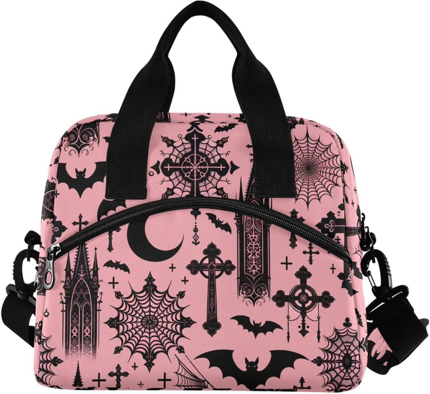 MNSRUU Insulated Lunch Bag Black Gothic Moon Spider Webs and Bats Women Men Fabric Dinner Tote Cooler Bag Reusable Leakproof Lunch Box with Adjustable Shoulder Handles Strap For Work School