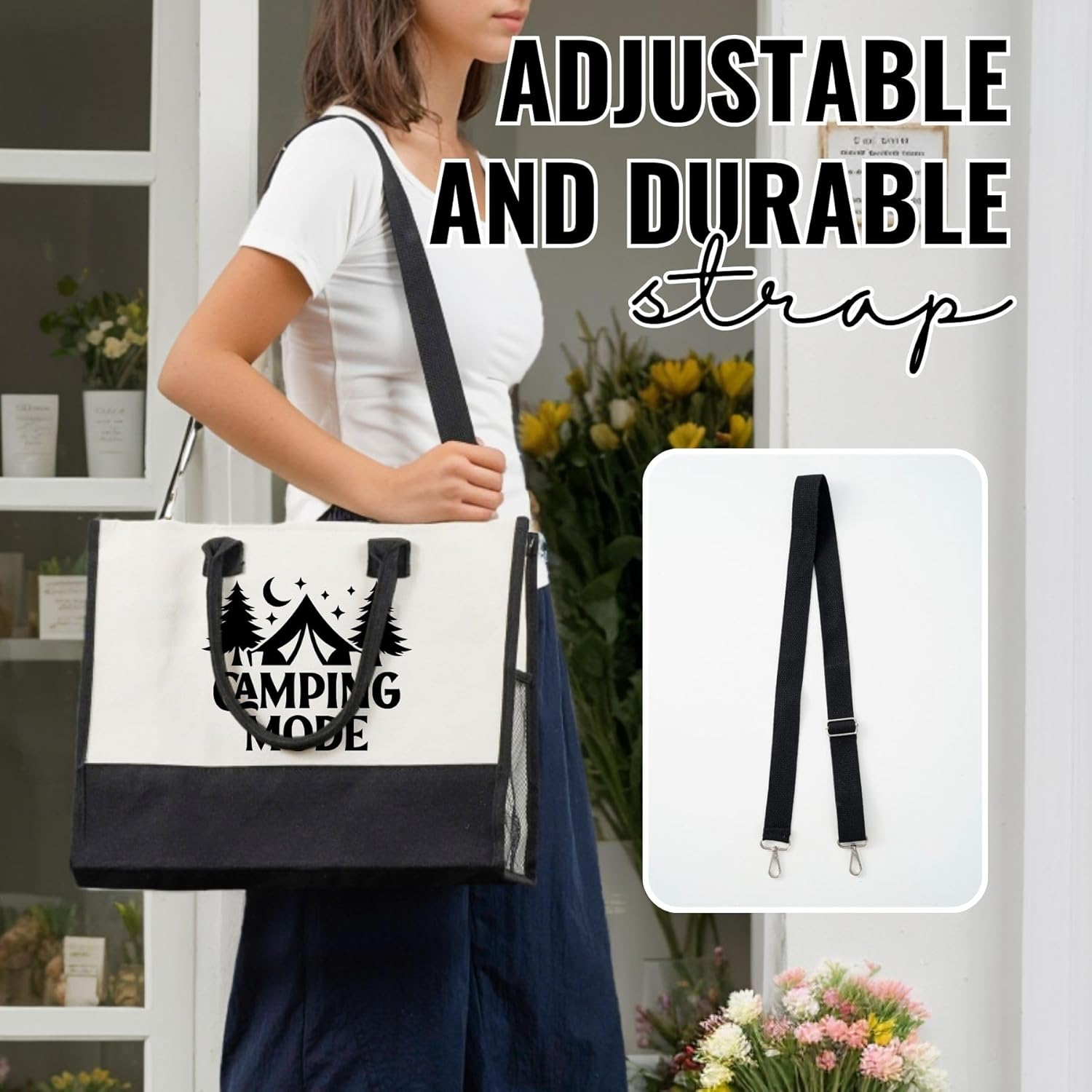 InnoBeta Camping Gifts for Women, Camping Mode, Canvas Tote Bag for Mom, Frineds, Coworkers, Bag with Top Zipper Closure and Shoulder Strap for Birthday