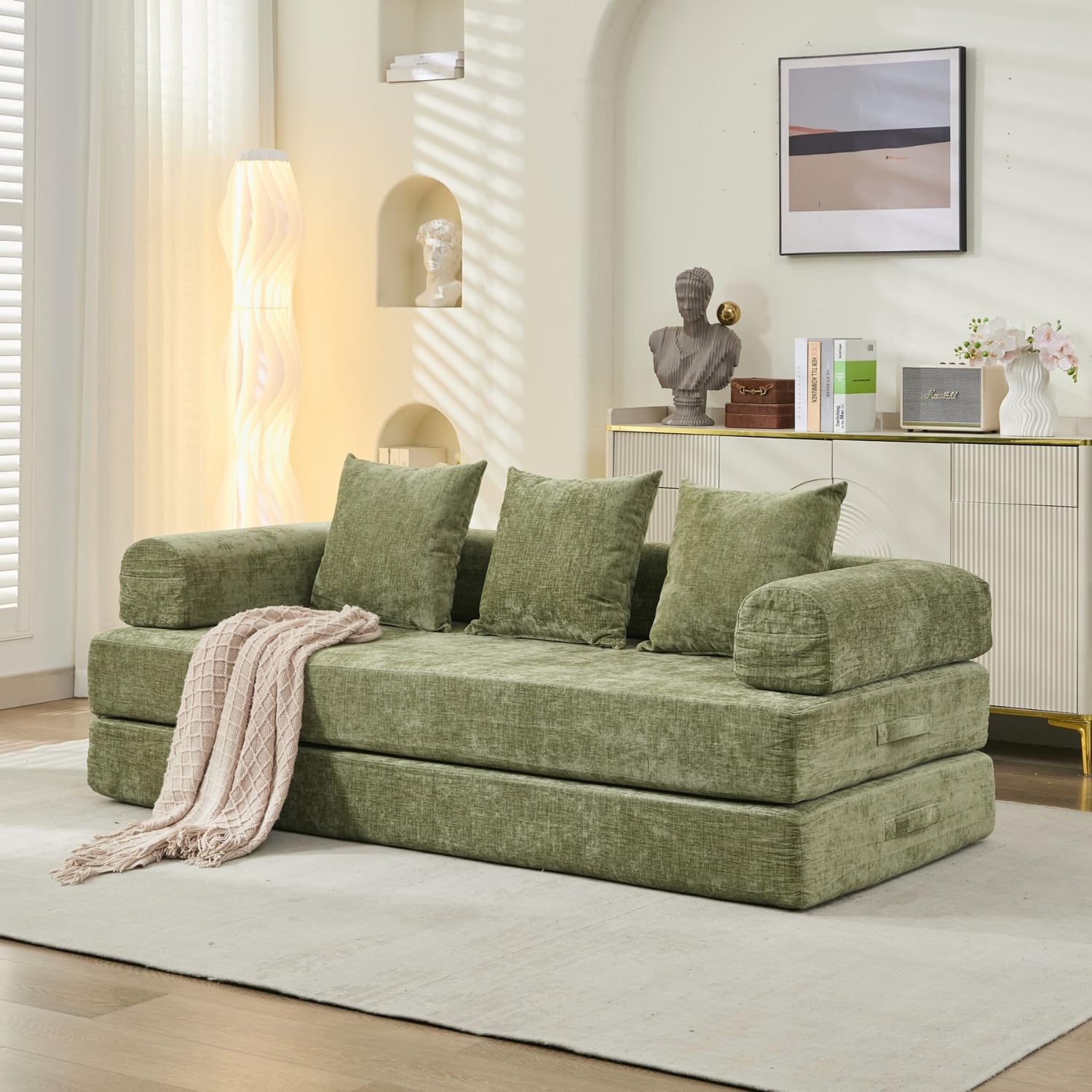 XIAO WEI Folding Convertible Sofa Bed, Boneless Couch with Pillows for Living Room Bedroom Lounge, Chenille Upholstered, Spring & Foam Support, No Assembly, Green