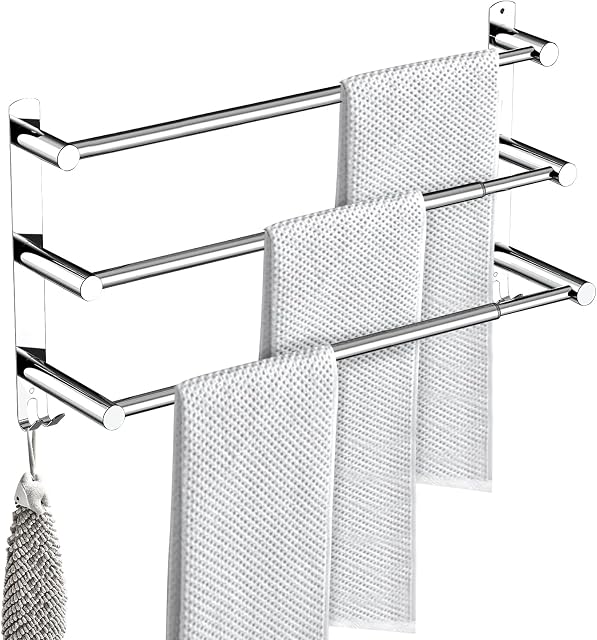 BIGLUFU Towel Rail Wall Mounted, 3-Tier Towel Holder with Hooks, Bath Self Adhesive Towel Rack Stainless Steel Towel Shelf Bar for Bathroom Kitchen, Adjustable 43-78cm (Silver)