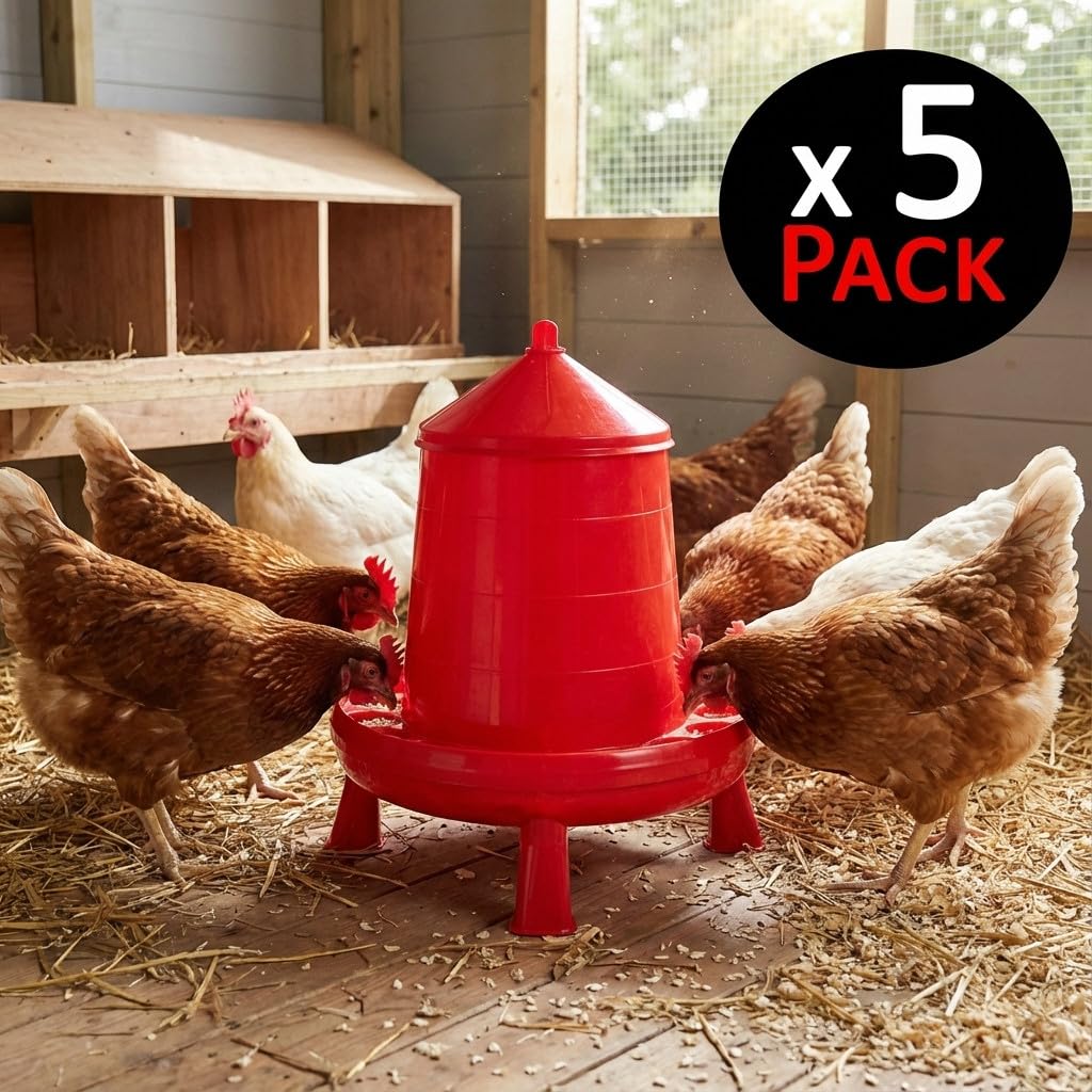 Suinga Pack 5 Tolvas Comedero con Patas para Aves y Gallinas de 4 Kg | 30x30x50 cm | Antidesperdicio y Resistente | Colgantes o Fijas | Color Rojo
