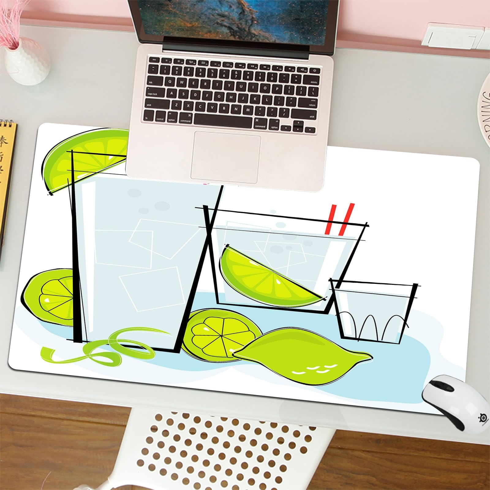 Gaming Mouse Pad Computer Keyboard Mouse Mat Desk Pad Soft Smooth Surface and Anti-Slip Rubber Base,Blue Tonic Cocktail Spot Retro Stylized Vodka Gin Food Drink Retro 1950S,16 x 35.5 in