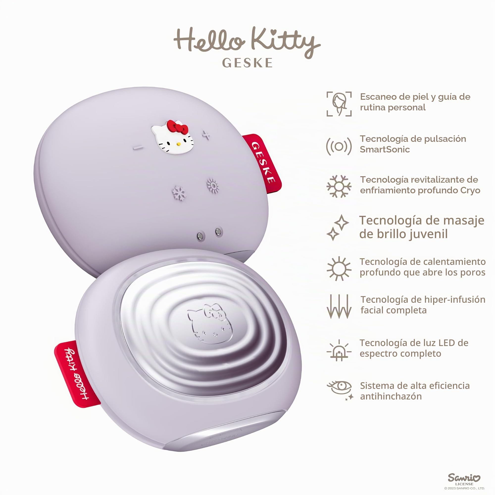 GESKE x Hello Kitty | SmartAppGuided™ Sonic Warm & Cool Mask | 8 en 1 | Máscara facial LED de belleza | Terapia luz roja | calor | Enfriamiento | Mayor absorción del cuidado facial | masajeador facial