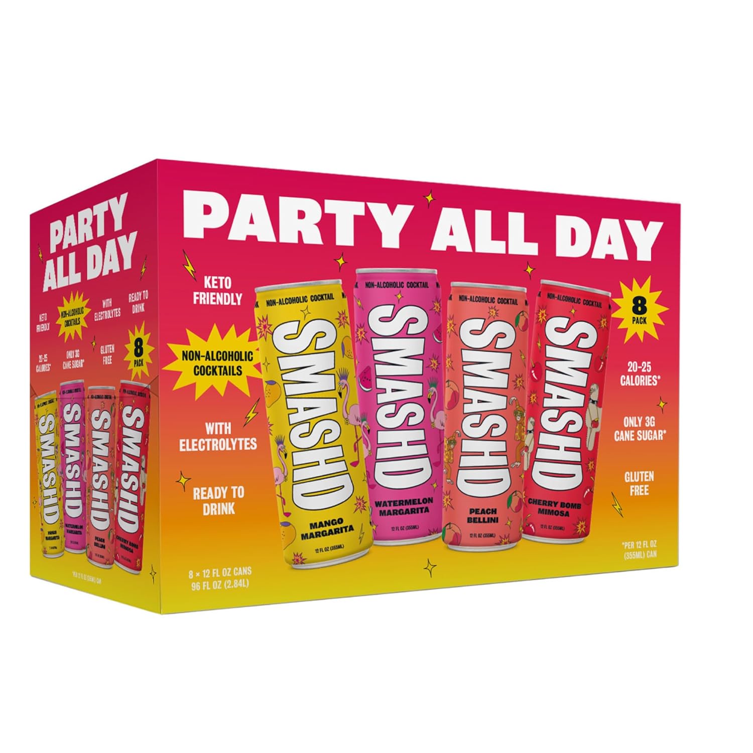 SMASHD Party All Day Non-Alcoholic Cocktail Variety Pack, 8 x 12 fl oz Cans | Ready-to-Drink Mocktails | Low Calorie, Low Sugar, Low Carb | 45 Calories per Can | Gluten Free with Electrolytes