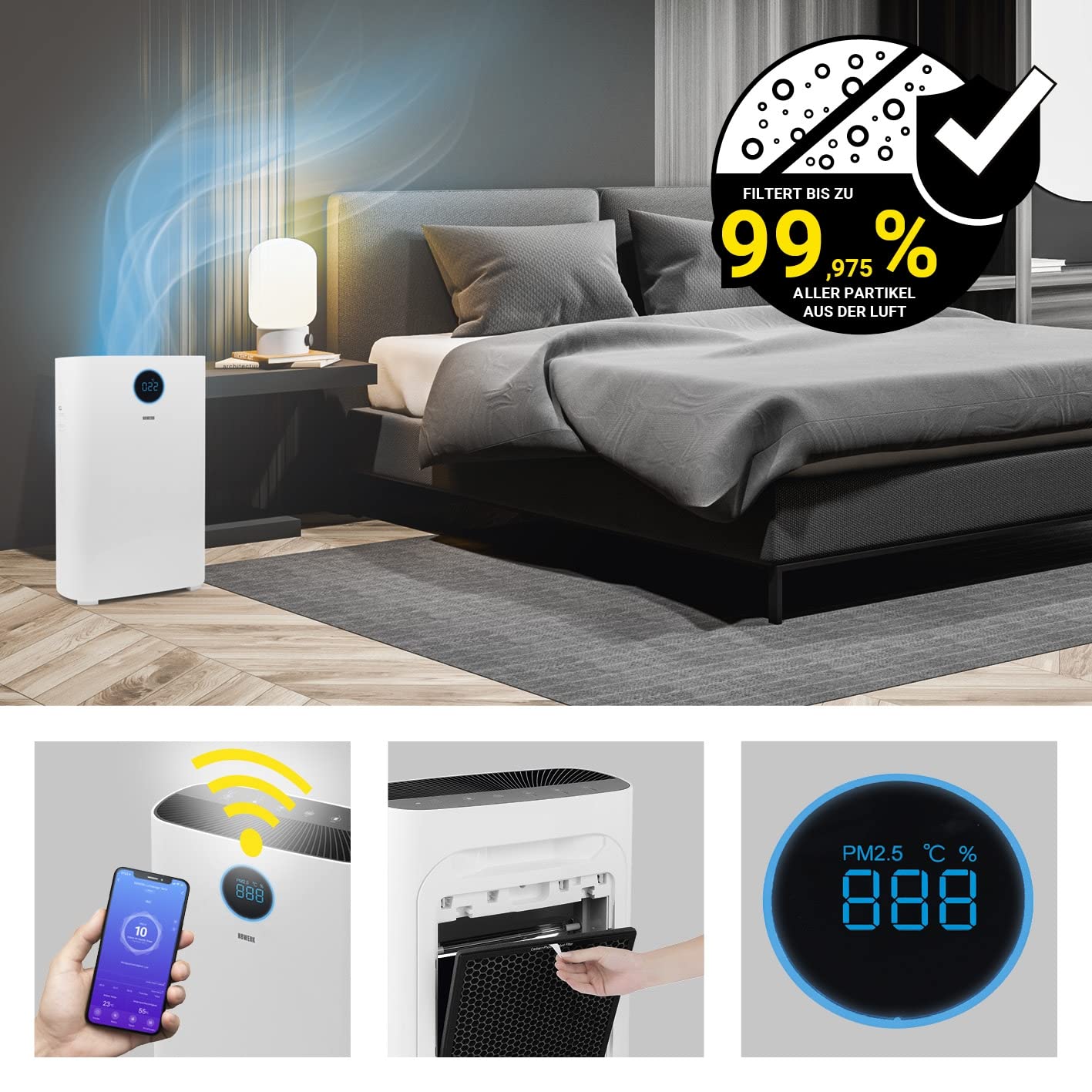 Purificatore d'Aria con Sistema di filtraggio a 6 Livelli, Filtro H14, CADR: 185 m³/h, per Chi soffre di allergie, filtra polline, Polvere, batteri, ECC. Controllo App, Inclusa Luce UVC,