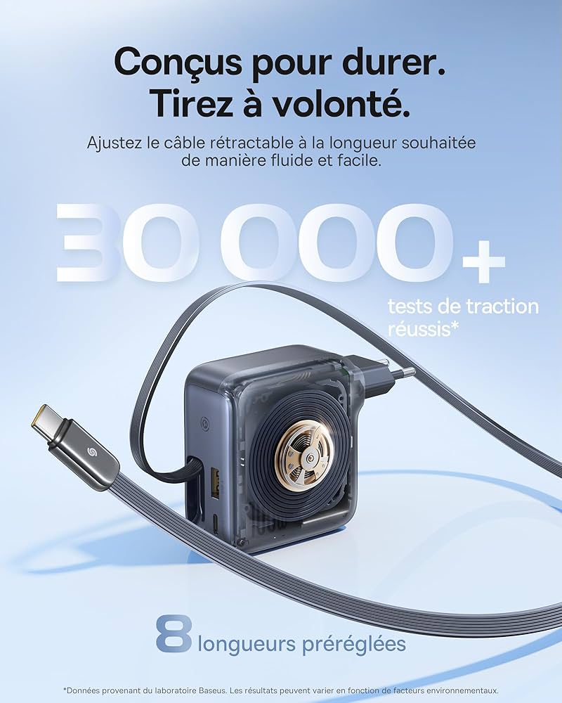 Baseus Enercore Chargeur USB C 100 W Avec Câble Extensible, 3 Ports GaN