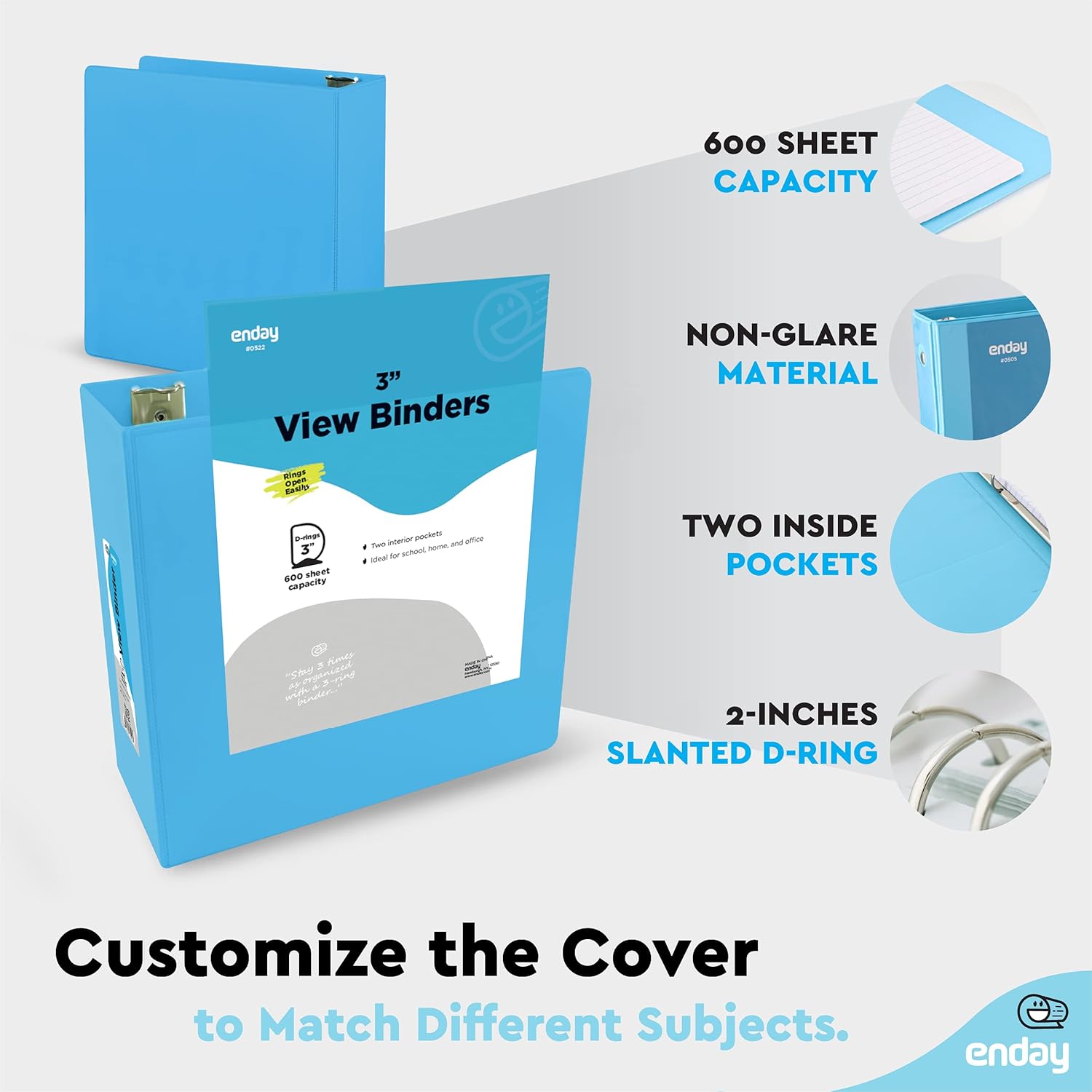 3 Inch 3 Ring Binder Clear View Cover with 2 Inside Pockets Blue, and 50 Clear Sheet Protectors for 3 Ring Binder - by Enday
